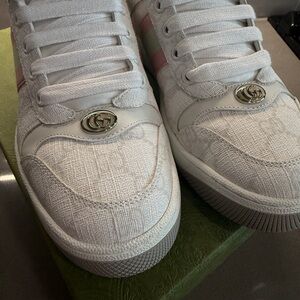Gucci Monogram White and Pink Stripe Sneakers